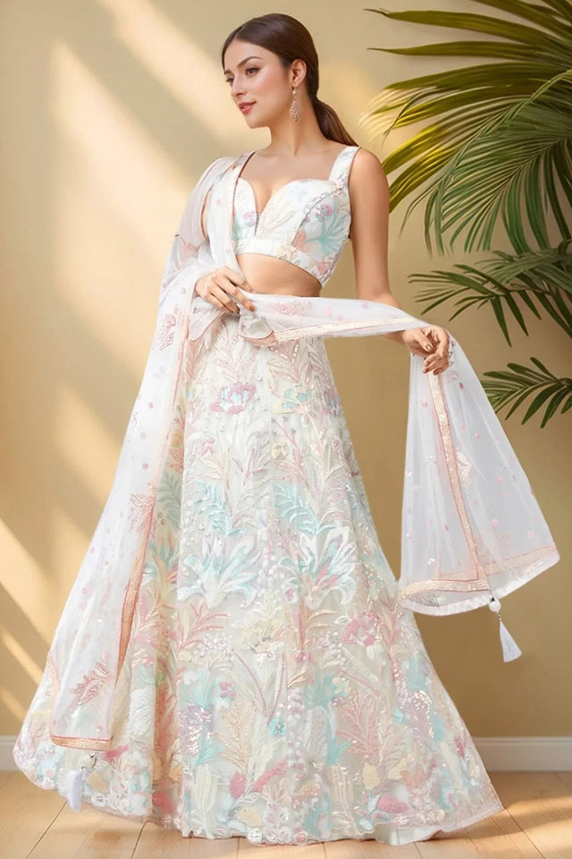 Off White Floral Embroidered Net Lehenga