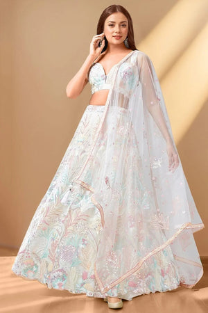 Off White Floral Embroidered Net Lehenga