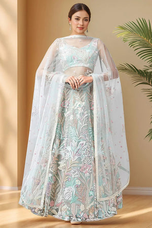 Green Floral Embroidered Organza Lehenga