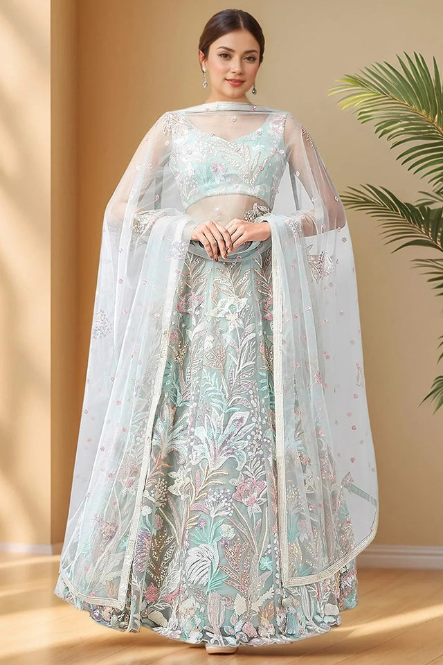 Green Floral Embroidered Organza Lehenga