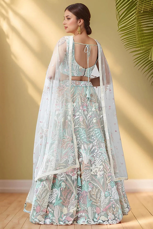 Green Floral Embroidered Organza Lehenga