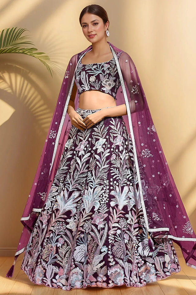 Violet Floral Embroidered Organza Lehenga