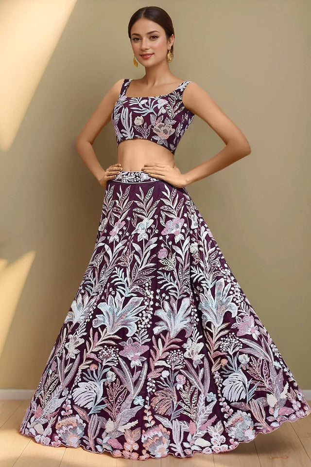 Violet Floral Embroidered Organza Lehenga