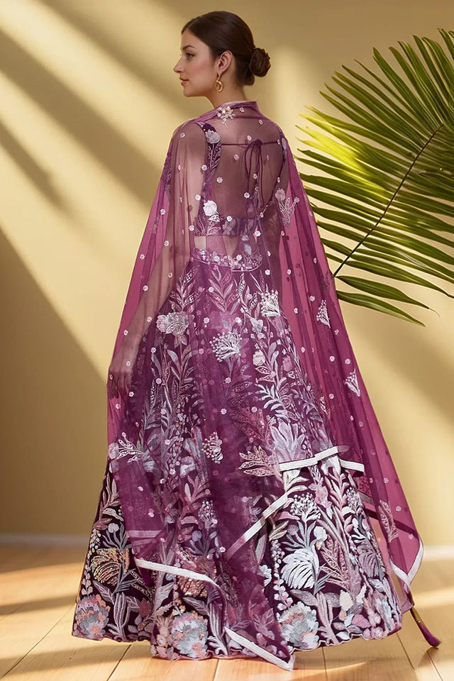 Violet Floral Embroidered Organza Lehenga