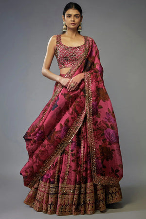 Pink Floral Printed with Embroidered Border Silk Lehenga