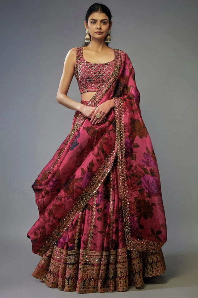 Pink Floral Printed with Embroidered Border Silk Lehenga