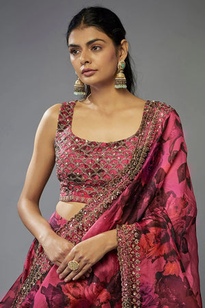 Pink Floral Printed with Embroidered Border Silk Lehenga