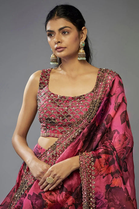 Pink Floral Printed with Embroidered Border Silk Lehenga