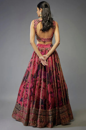 Pink Floral Printed with Embroidered Border Silk Lehenga