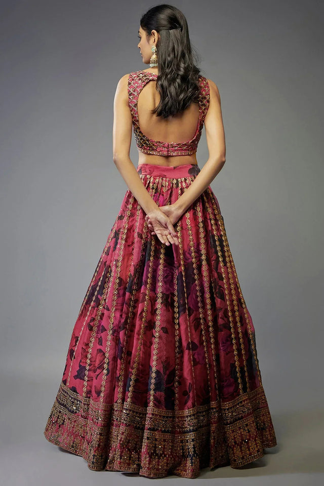 Pink Floral Printed with Embroidered Border Silk Lehenga