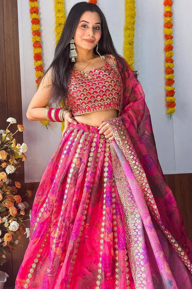 Pink Floral Printed with Embroidered Border Silk Lehenga