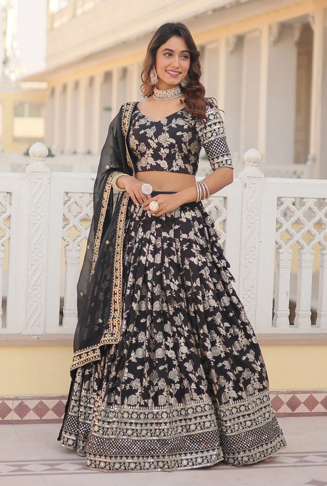 Black Sequin with Embroidered Silk Lehenga