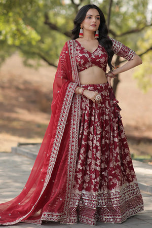 Maroon Sequin with Embroidered Silk Lehenga