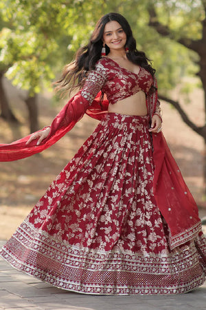 Maroon Sequin with Embroidered Silk Lehenga