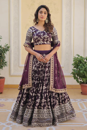 Wine Sequin with Embroidered Georgette Lehenga