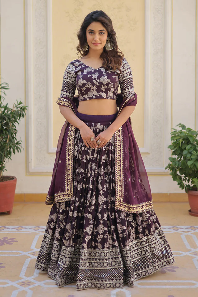 Wine Sequin with Embroidered Georgette Lehenga