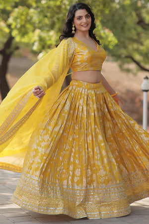 Yellow Sequin with Embroidered Georgette Lehenga