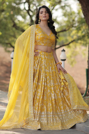 Yellow Sequin with Embroidered Georgette Lehenga