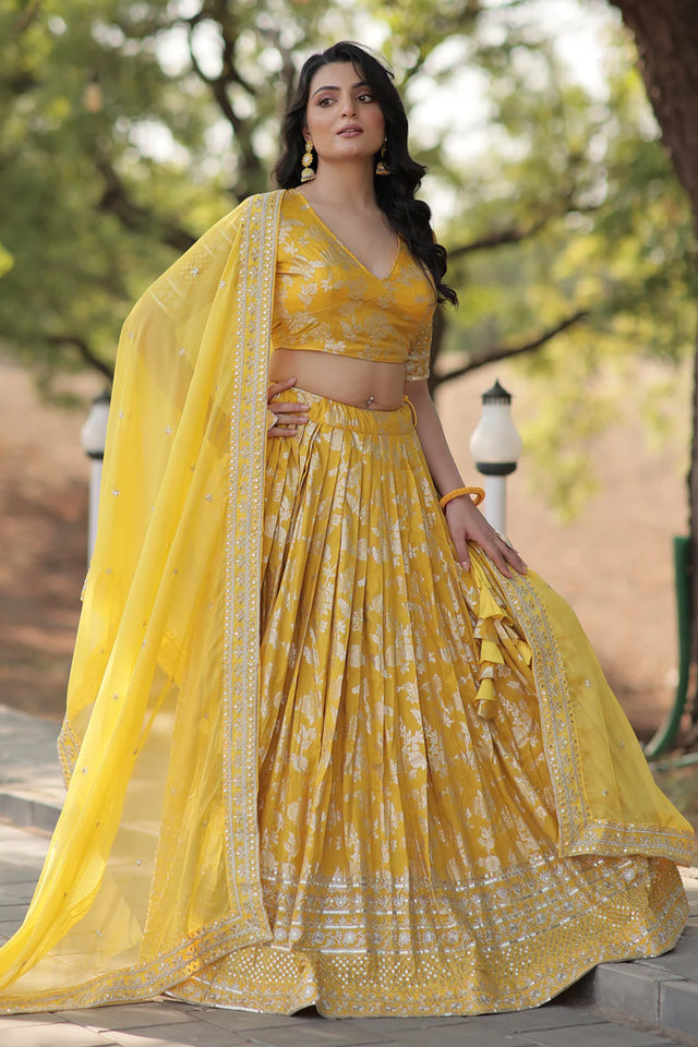 Yellow Sequin with Embroidered Georgette Lehenga