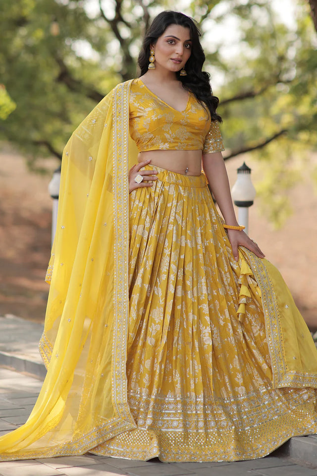Yellow Sequin with Embroidered Georgette Lehenga