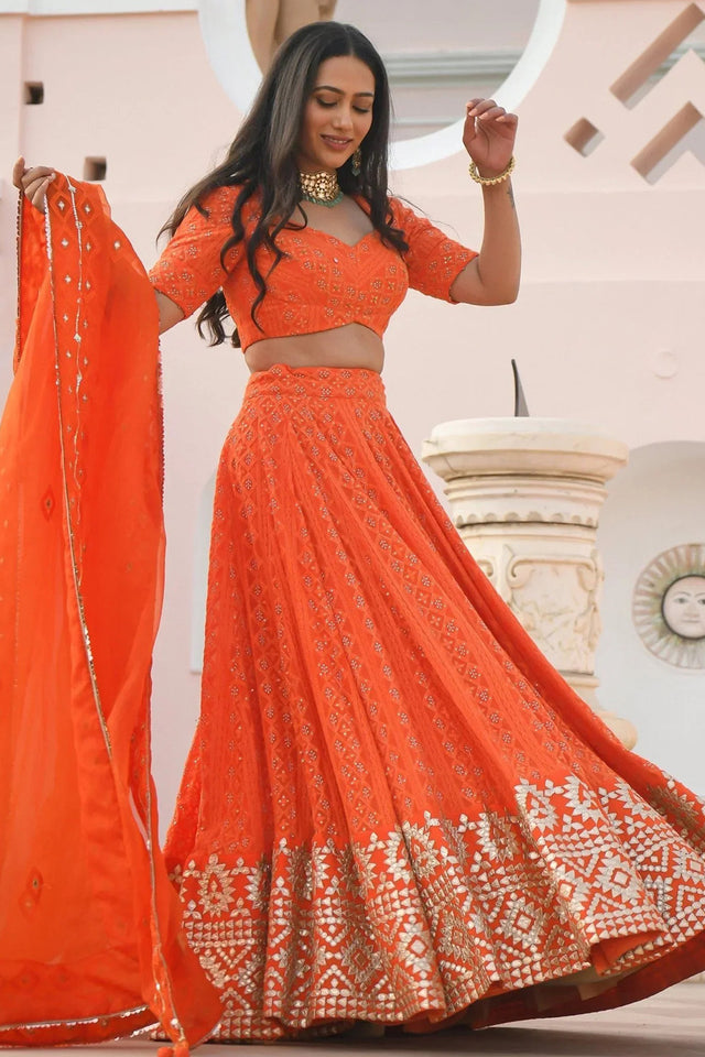 Orange Sequin with Embroidered Georgette Lehenga