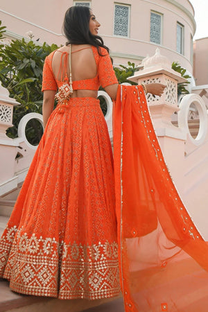 Orange Sequin with Embroidered Georgette Lehenga