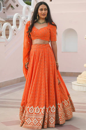 Orange Sequin with Embroidered Georgette Lehenga