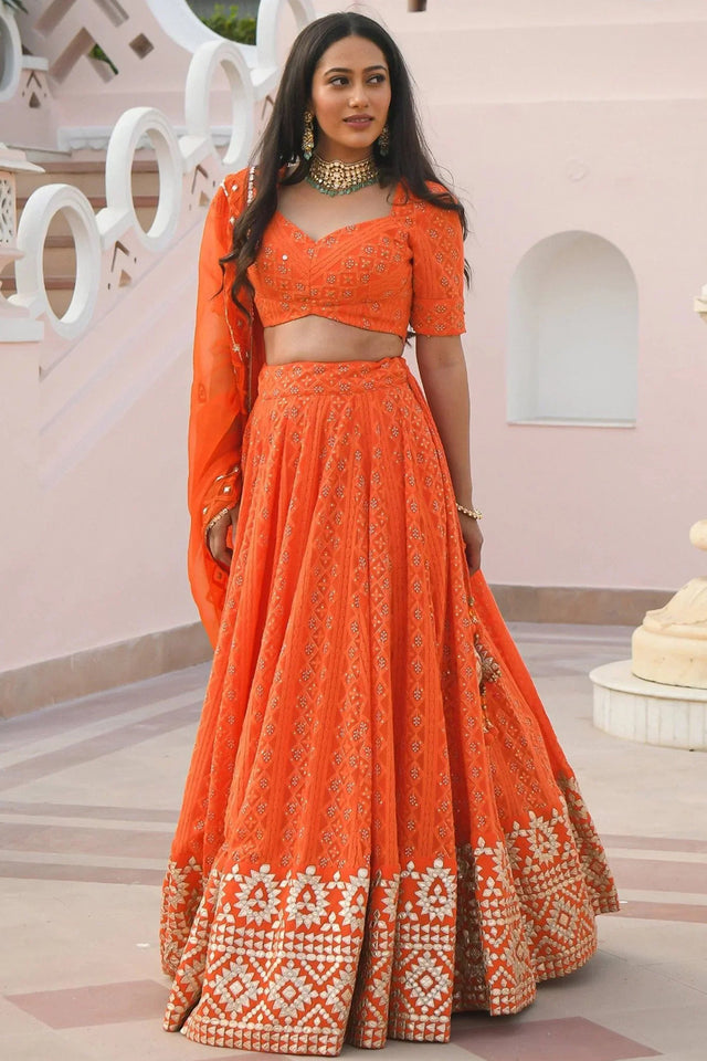 Orange Sequin with Embroidered Georgette Lehenga
