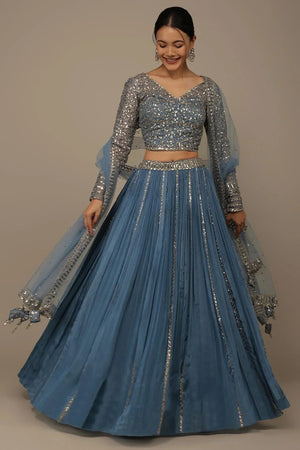 Blue Solid Chinon Lehenga