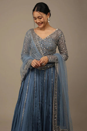 Blue Solid Chinon Lehenga