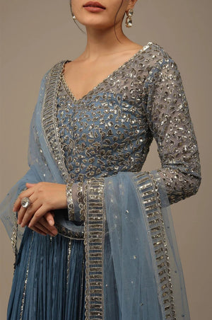Blue Solid Chinon Lehenga