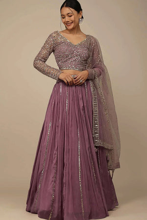 Pink Solid Chinon Lehenga