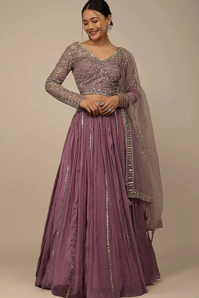 Pink Solid Chinon Lehenga