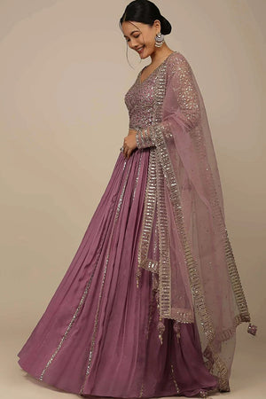 Pink Solid Chinon Lehenga