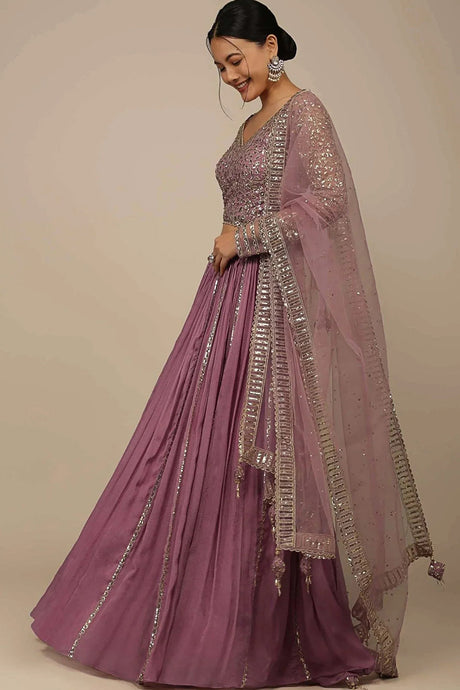Pink Solid Chinon Lehenga