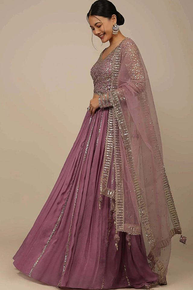 Pink Solid Chinon Lehenga