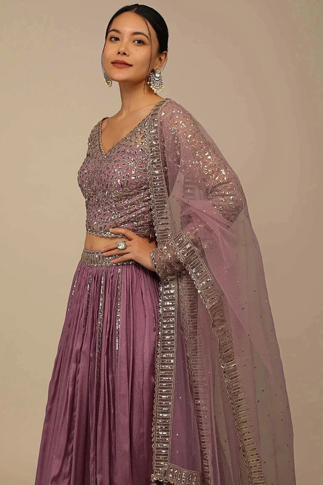 Pink Solid Chinon Lehenga