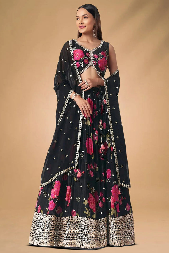 Black Floral Printed Silk Lehenga