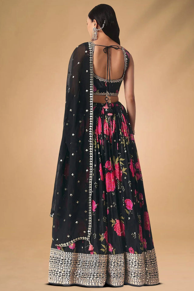 Black Floral Printed Silk Lehenga