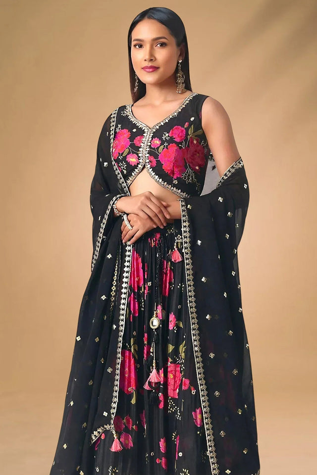 Black Floral Printed Silk Lehenga