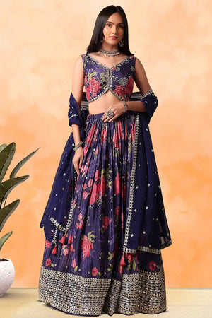 Violet Floral Printed Silk Lehenga