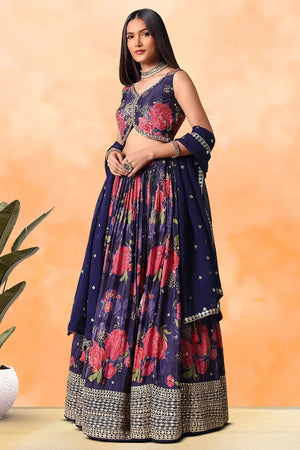 Violet Floral Printed Silk Lehenga