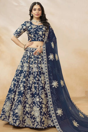 Navy Blue Sequin with Floral Embroidered Silk Lehenga