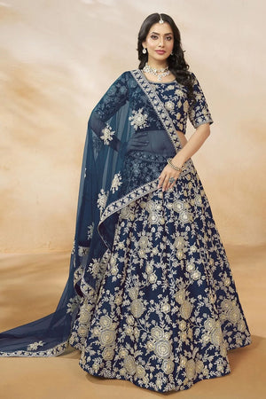 Navy Blue Sequin with Floral Embroidered Silk Lehenga