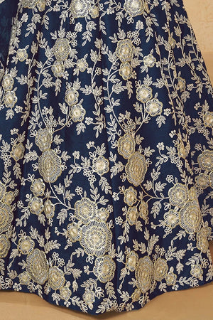 Navy Blue Sequin with Floral Embroidered Silk Lehenga