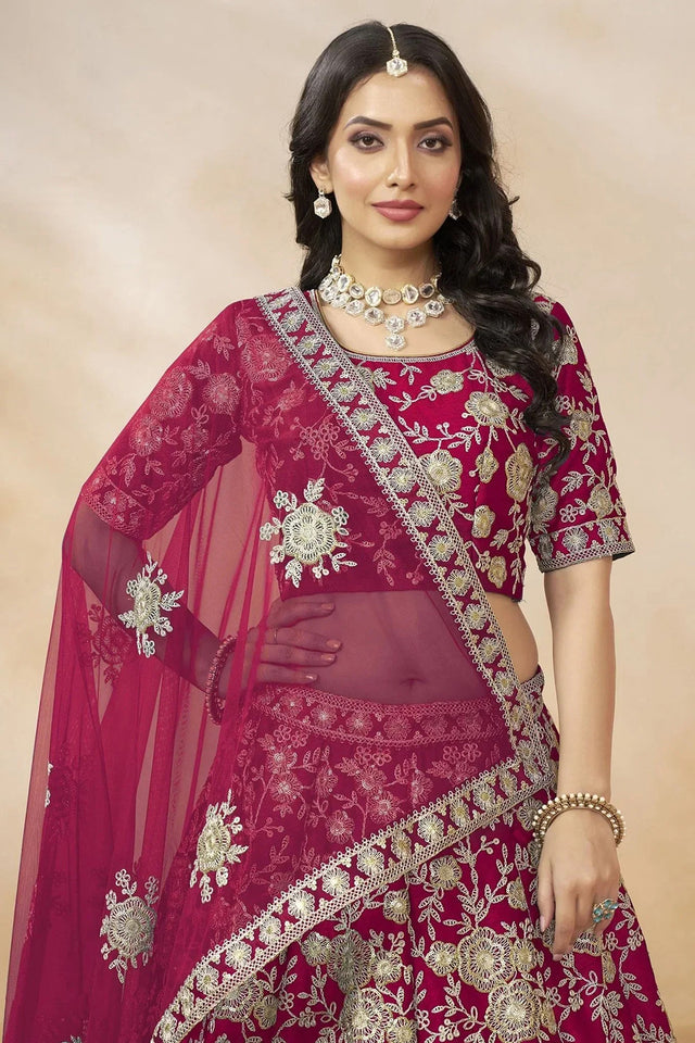 Pink Sequin with Floral Embroidered Silk Lehenga