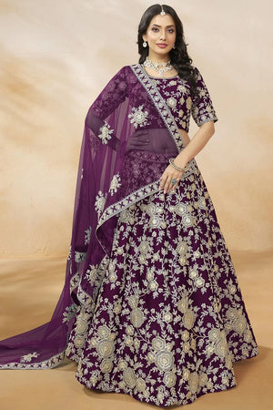 Violet Sequin with Floral Embroidered Georgette Lehenga