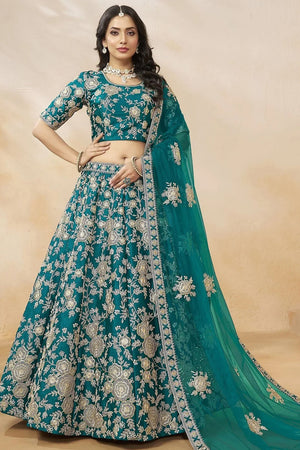Green Sequin with Floral Embroidered Georgette Lehenga