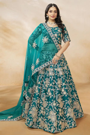 Green Sequin with Floral Embroidered Georgette Lehenga