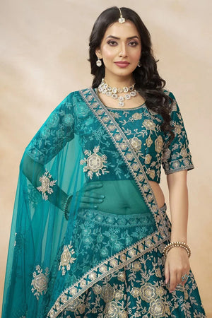 Green Sequin with Floral Embroidered Georgette Lehenga